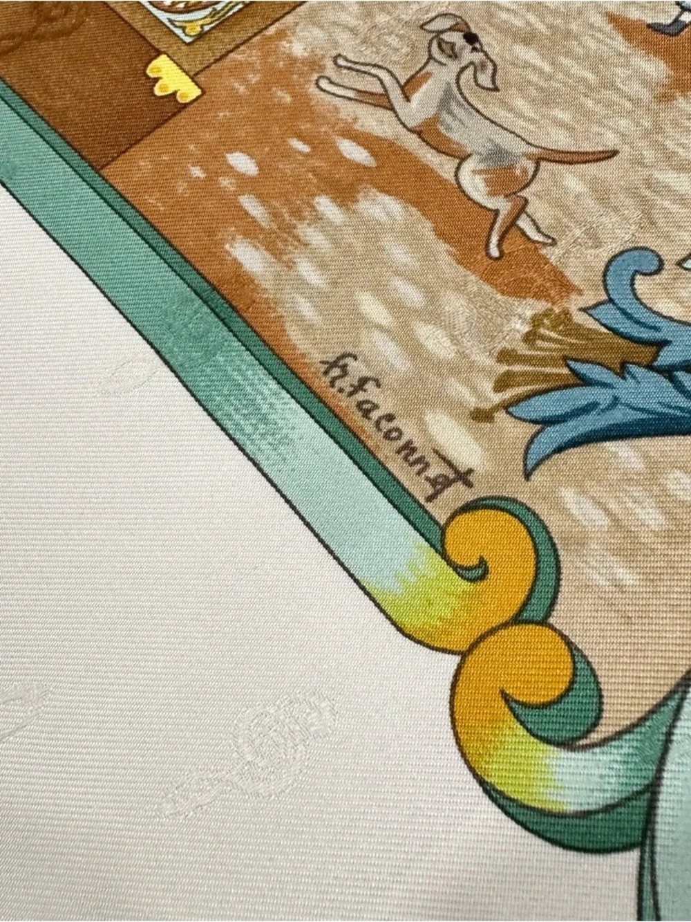 Hermes 100% Silk “Orgauphone” White Gold Green & Blue 90x90cm Large Square Scarf - Picture 5 of 12